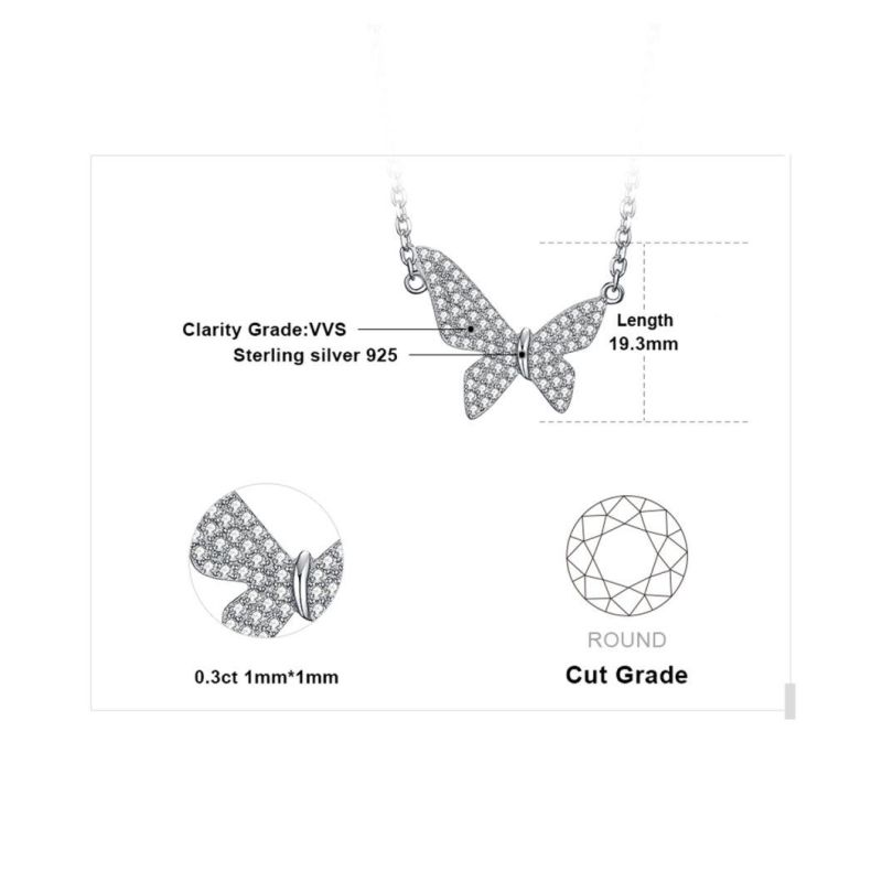 Fashion Jewelry 925 Sterling Silver Cubic Zirconia Butterfly Pendant Necklace for Women Wholesale