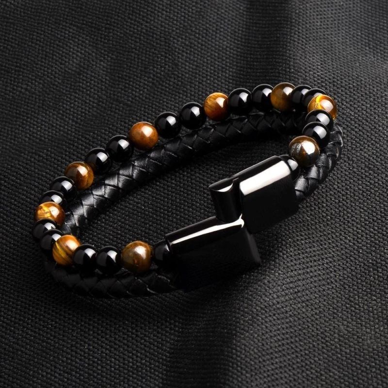 Men Stainless Steel Clasp Punk Leather Braided Beads Bracelet Jewellery