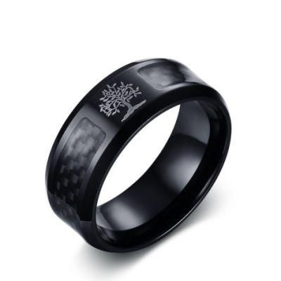 8mm Stainless Steel Carbon Fiber Life Tree Ring Black Retro Personality Jewelry Men&rsquor; S Ring