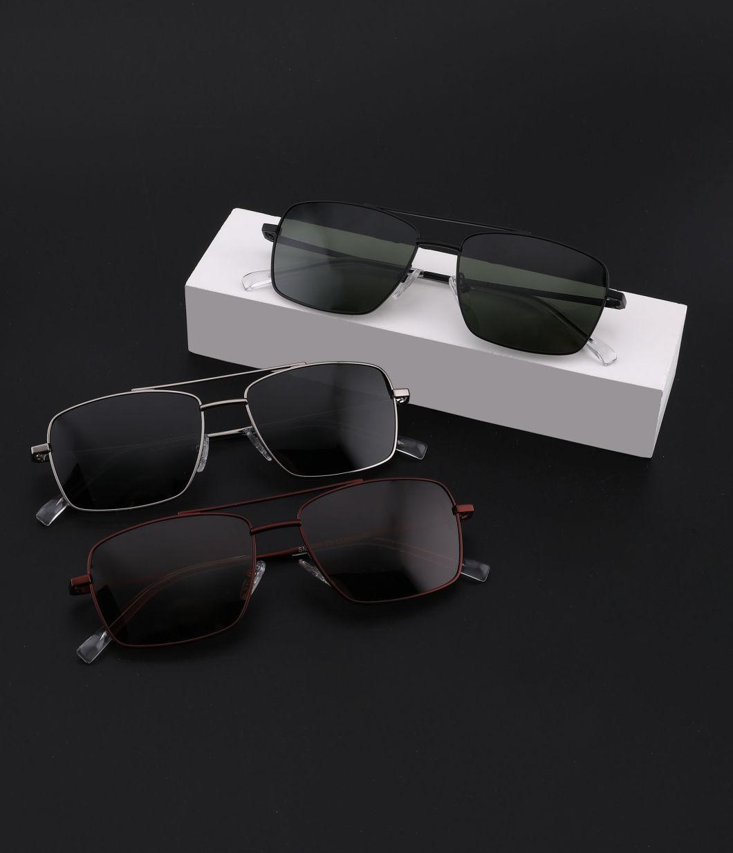 Stylish Men′ S Metal Frame Silver Double Bridge Pilot Sunglasses