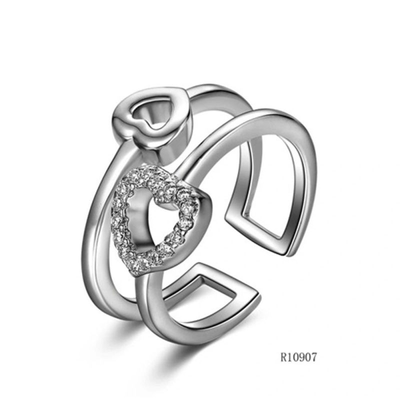 Double-Layer Heart Silver with CZ Open Ring