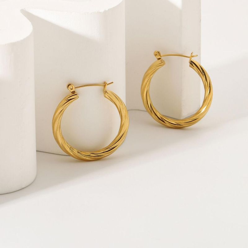 18K Gold-Plated Stainless Steel Twisted Ring Earrings Twisted Pattern C-Shaped Earrings Pendant Titanium Steel Jewelry Earrings