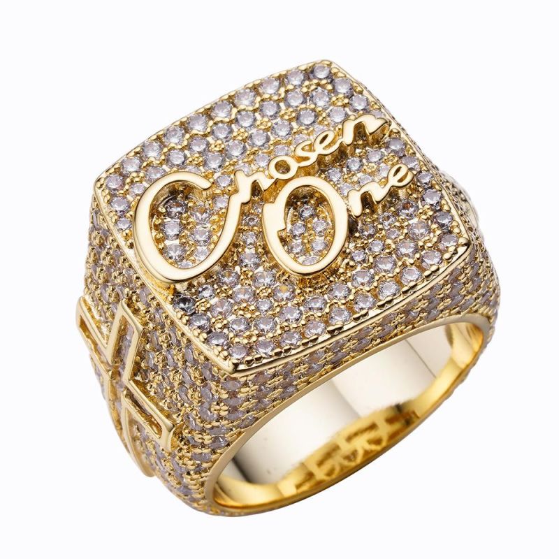 Hip Hop 3D Effect 14K Gold Plated Iced out Bling Diamonds Big Size Football Championship Ring Men