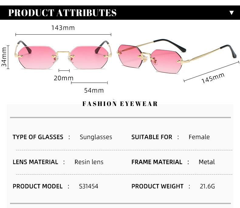 New Trendy Small Size Rectangle Frameless Sun Glasses Hot Sale Women Men Rimless Ocean Lens Metal Sunglasses