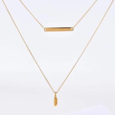 14K Gold Rectangular Strip Necklace Padlock Pendant Stainless Steel Double Necklace for Ladies Jewelry Gift Design