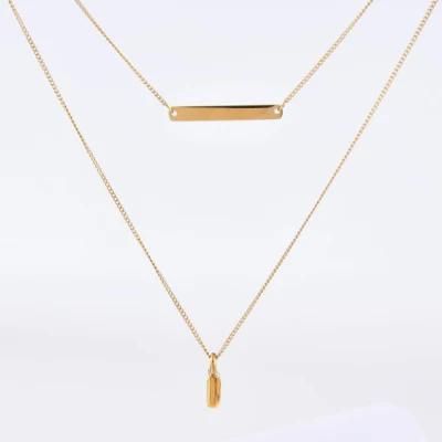 14K Gold Rectangular Strip Necklace Padlock Pendant Stainless Steel Double Necklace for Ladies Jewelry Gift Design
