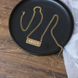 French Amour Square Necklace Long Sweater Chain Autumn and Winter New Stainless Steel Plated 18K Gold Engraved Bar Necklace