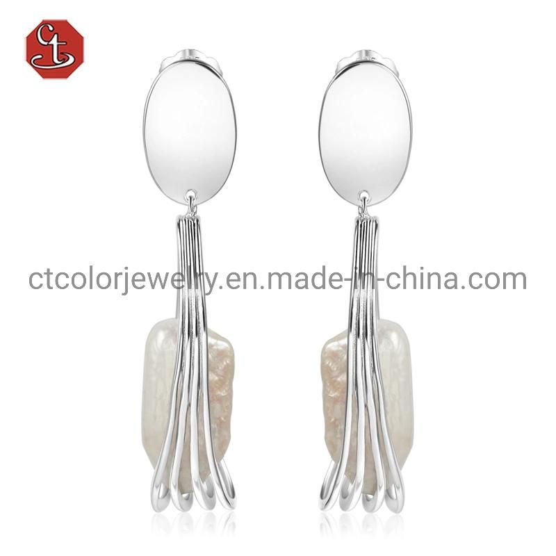 Fashion earrings 925 silver Rhodium Plated Baroque pearl earrings for women