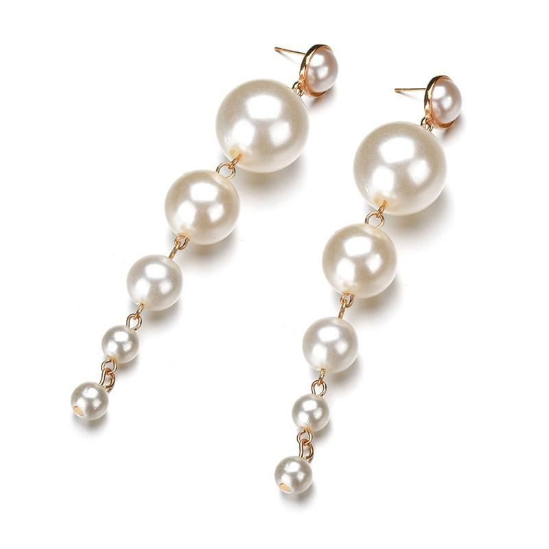 Women Fashion Jewelry White Pearl Long Drop Earrings