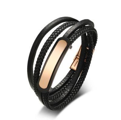 Stainless Steel Leather Bracelet Multi-Layer Titanium Steel Bending Brand PU Leather Hand Rope Black Rose Gold