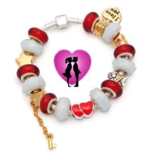 Valentine Heart Lock Silver Charm Bead Bracelet (G31)