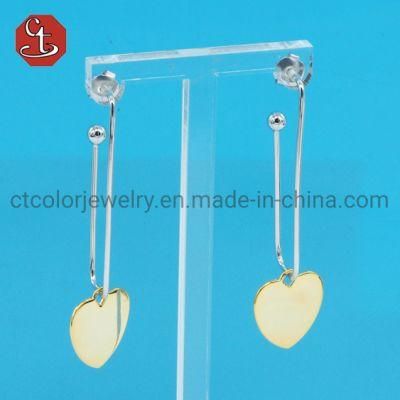 Fashion Jewelry Plain Long Hanging Dangle Heart Gold Plate 925 silver Earring Two tones color Earrings Jewelry