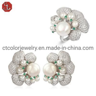High Quality Flower Gold Plated S925 Silver CZ Freshwater Pearl Ring Earring Jewelry set White Christmas gifts