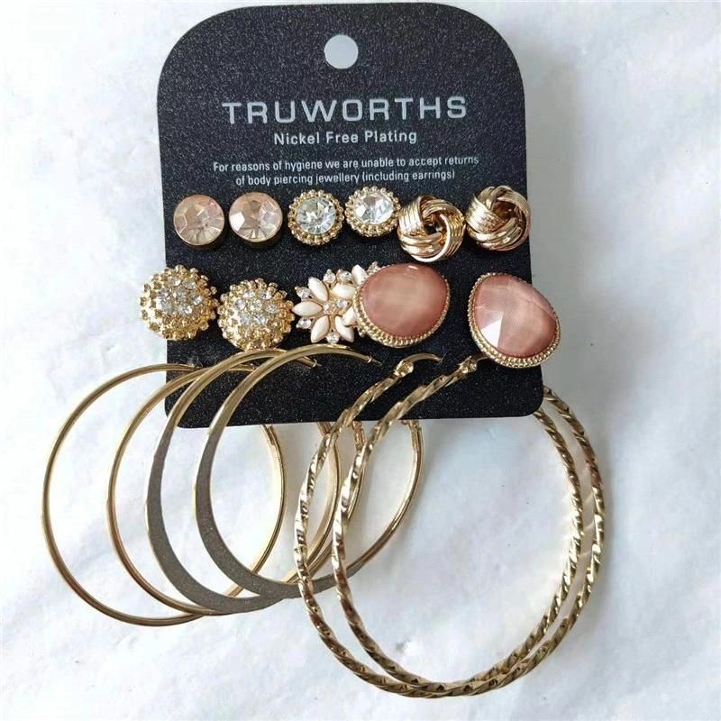 Best Seller 9 Pairs Mulitple Earrings with Crystal Studs Dome Flower Teardrop and Square Hoop Glitter Paper Hoop Twisted Hoop