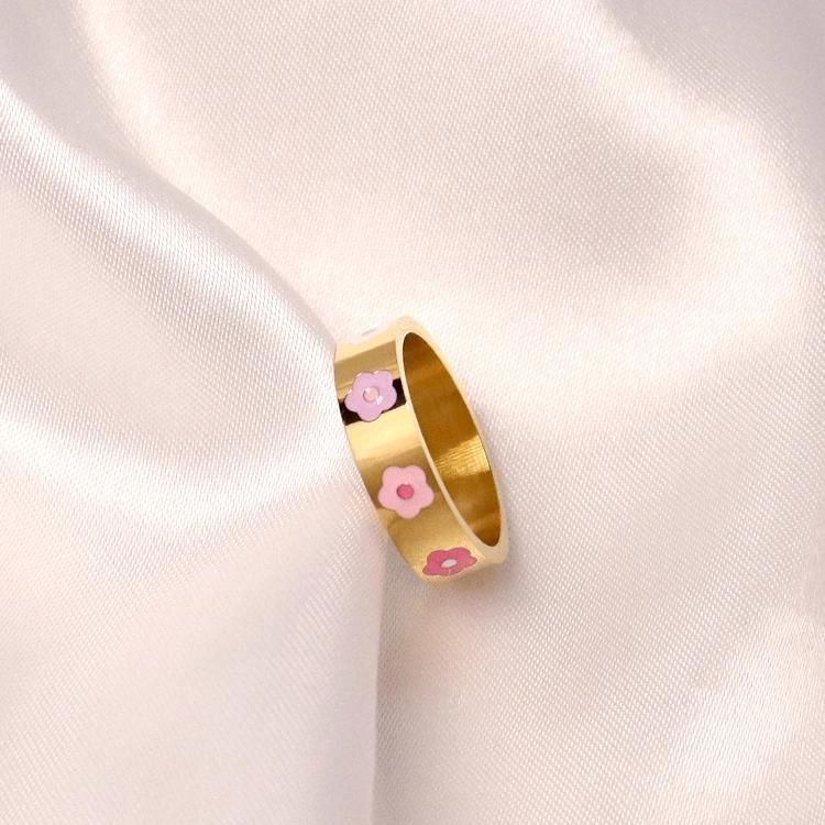 Fashion Stainless Steel Rings 18K Gold PVD Plated Shell Red White Enamel Heart Ring