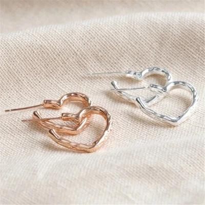 Organic Finish Small Heart Hoop Earrings in Silver