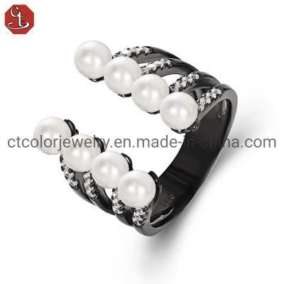 Fashion Jewelry 925 Sterling Silver Black Plated Jewellery Open Ring with Shell Pearl