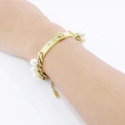 Women&prime;s Stainless Steel Jewelry Inlaid Pearl Bracelet Gold Cuban Bracelet