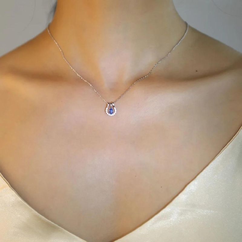 925 Sterling Silver Simple Blue Zircon Pendant Necklace Women Light Luxury Vintage Palace Style Jewelry