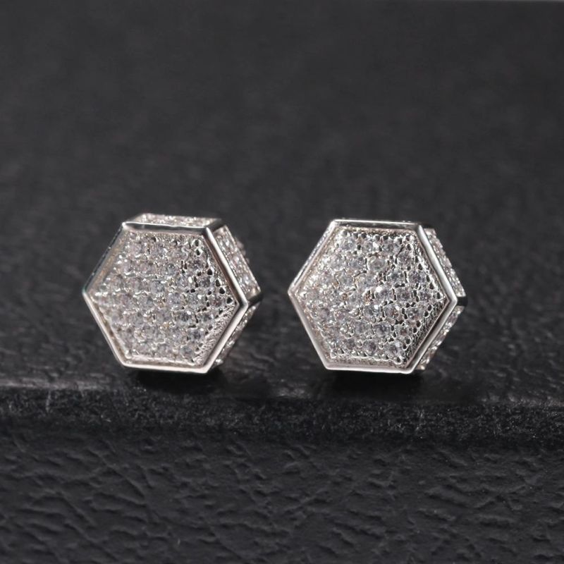 Hip Hop 925 Silver Fashion Hexagonal Earrings