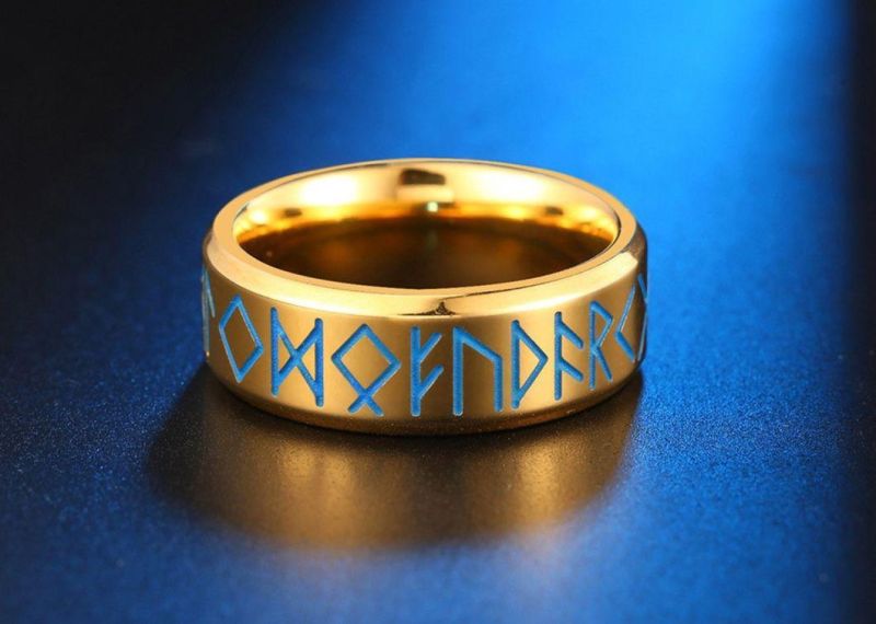 8mm Inner Arc Mirror Light Rot Engraved Nordic Viking Text Luminous Luminous Ring Simple European Style Ring for Men SSR2399g