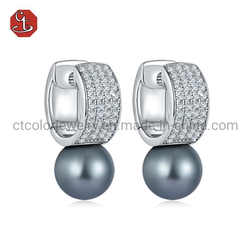 Fashion women Jewellery 925 Silver Circle Simple Black Freshwater Pearl Stud Earrings