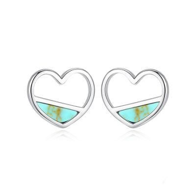 Hollow Turquoise Heart Sterling Silver 925 Ear Studs