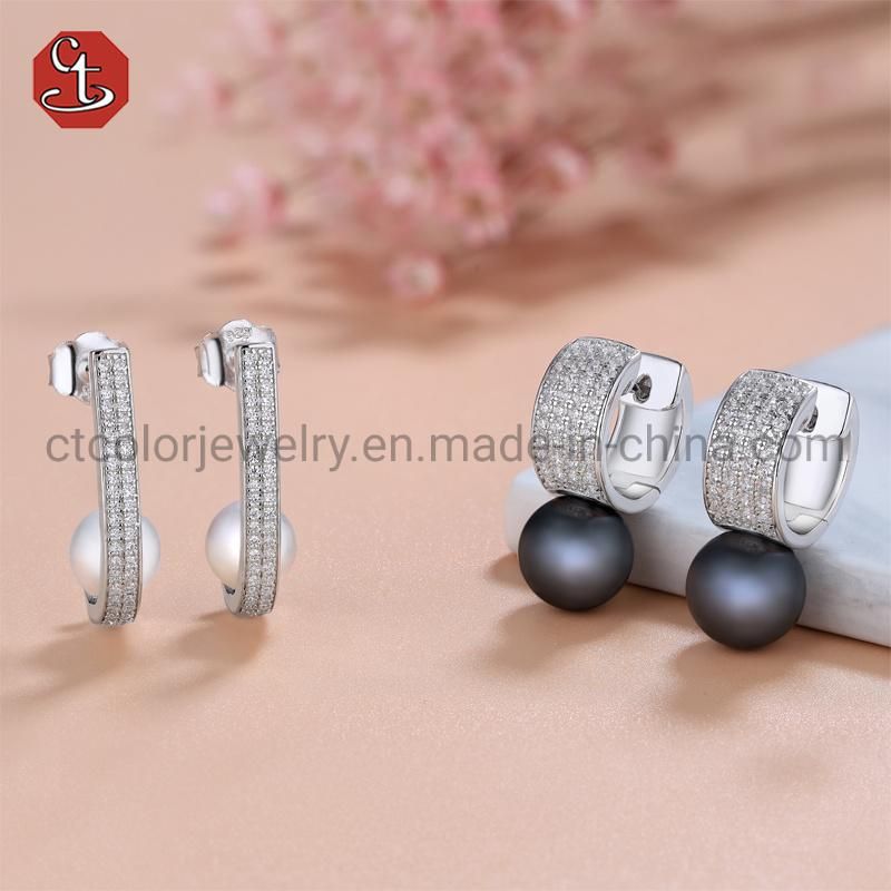 Fashion women Jewellery 925 Silver Circle Simple Black Freshwater Pearl Stud Earrings
