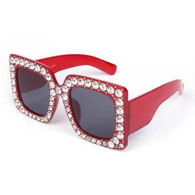 Diamond Decorated Red Thick Large Size Sunglasses for Ladies Women Outdoor Travel Square Sunglass
