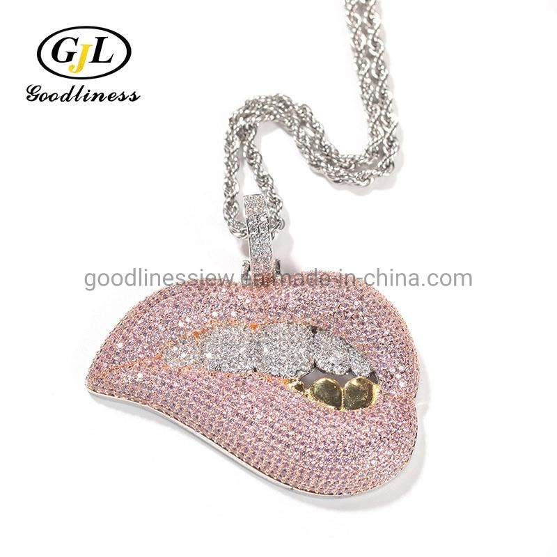 Hip-Hop Jewelry Pink Lips with Gold Teeth Pendant Necklace