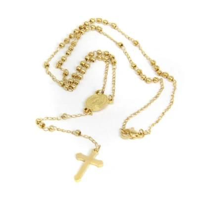 Fashion Stainless Steel Jewelry Gold Plated Two-Tone Beaded Necklace Cross for Religious Long Adjustable Necklace