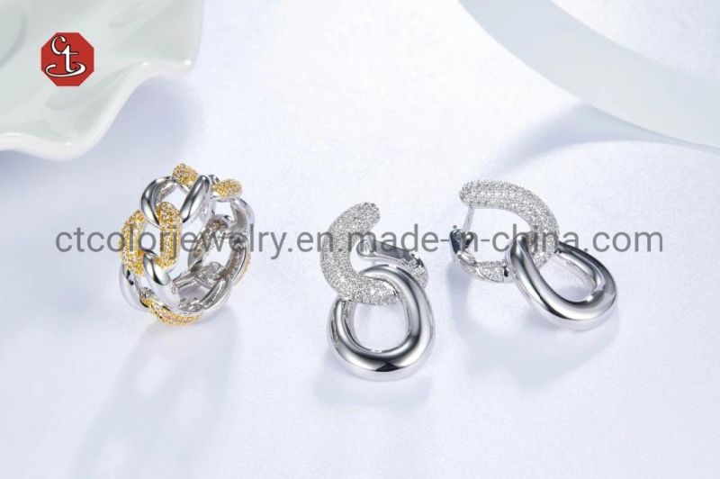 High Quality Link Hoop Earring CZ Stone Circle Round Silver Earring