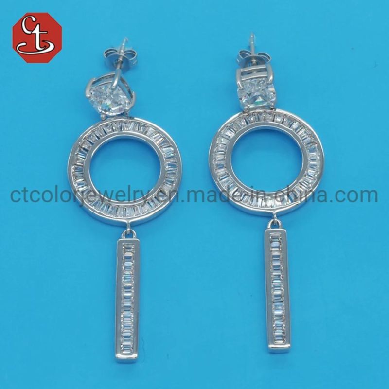 Women Popular Baguette TP CZ Stone SQ Long Brass & Silver Jewelry Dangle Earring
