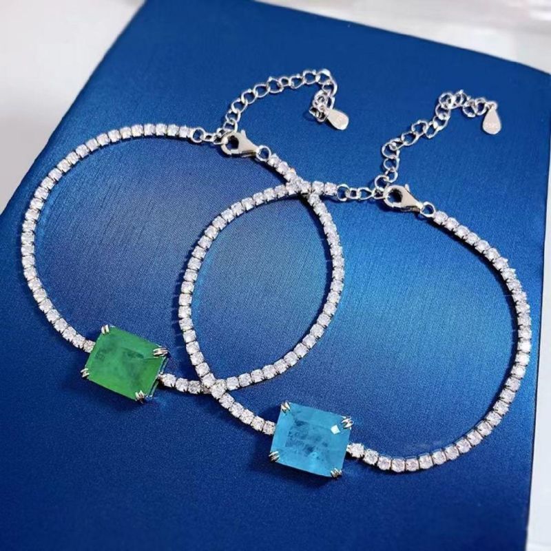 Fashion Jewelry 925 Sterling Silver Ice out Diamond Tennis Chain Big Ruby Emerald Charm Wedding Bracelet for Women Girls