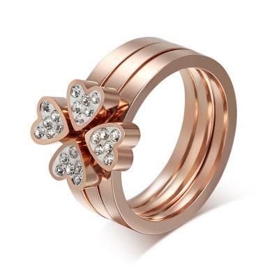 Rose Gold Lucky Crystal Heart Four-Leaf Clover 3PCS Detachable Ring
