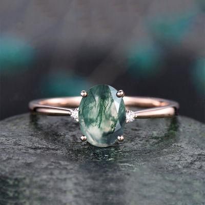 Fine Jewelry Suppliers 925 Sterling Silver Rose Gold Plated Fancy Design Ring Vintage Oval Shape Moss Agate Promise Ring