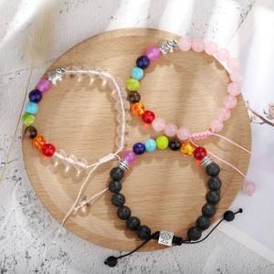 7 Colorful Wind Fossils Chakra Natural Stone Beads Yoga Silver Plated Elephant Bracelet