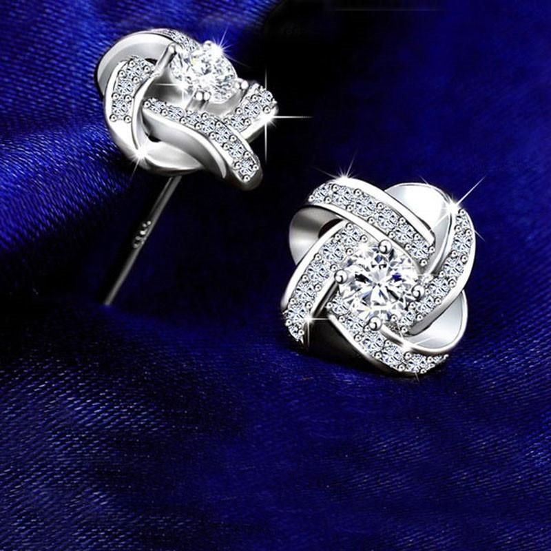 Crystal 925 Sterling Silver Knot Flower Earrings Women Fashion Wedding Jewelry