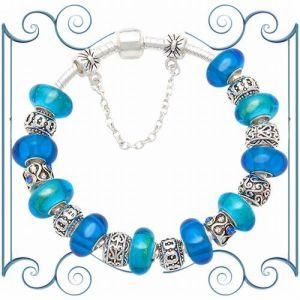 Fashion Beautiful Ocean Heart Silver Plated Glass Beads Charm Bracelet Jewelry (B61)