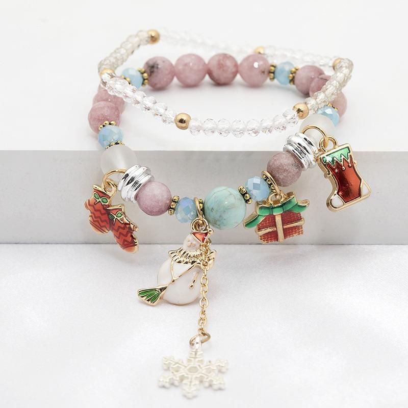 Most Welcome Christmas Gift Jingle Bells Snowman Double Layers Elastic Bracelets Christmas Trees Santa Claus Beaded Bracelets