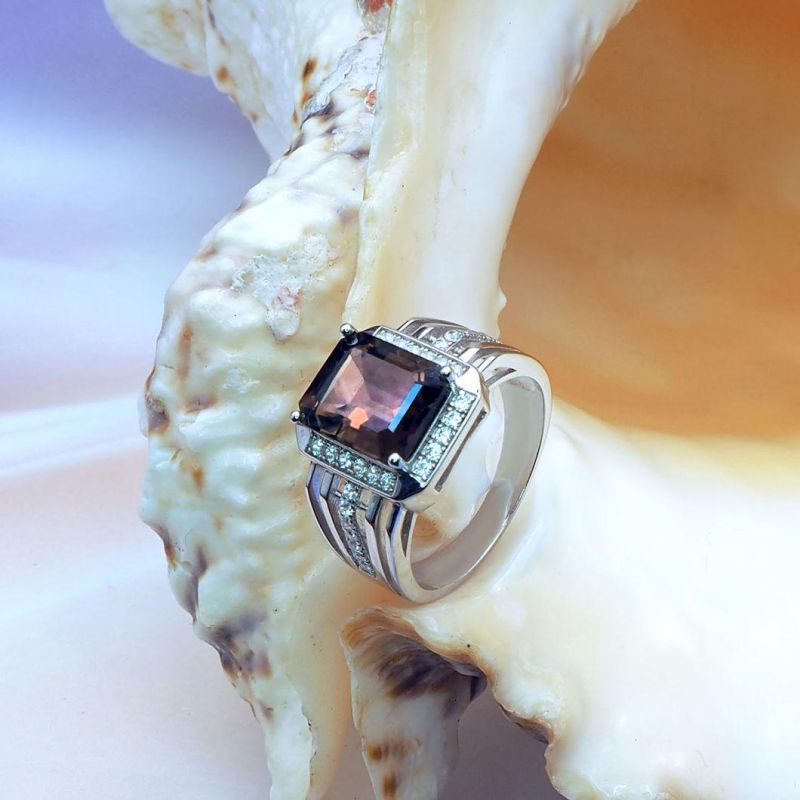 Fashion Jewelry 925 Sterling Silver Jewelry Men′s Ring with Gemstone Smoky Quartz