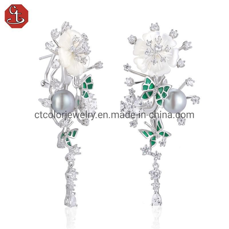 New Style 925 Silver Jewelry Green Winged MOP Flower Earrings