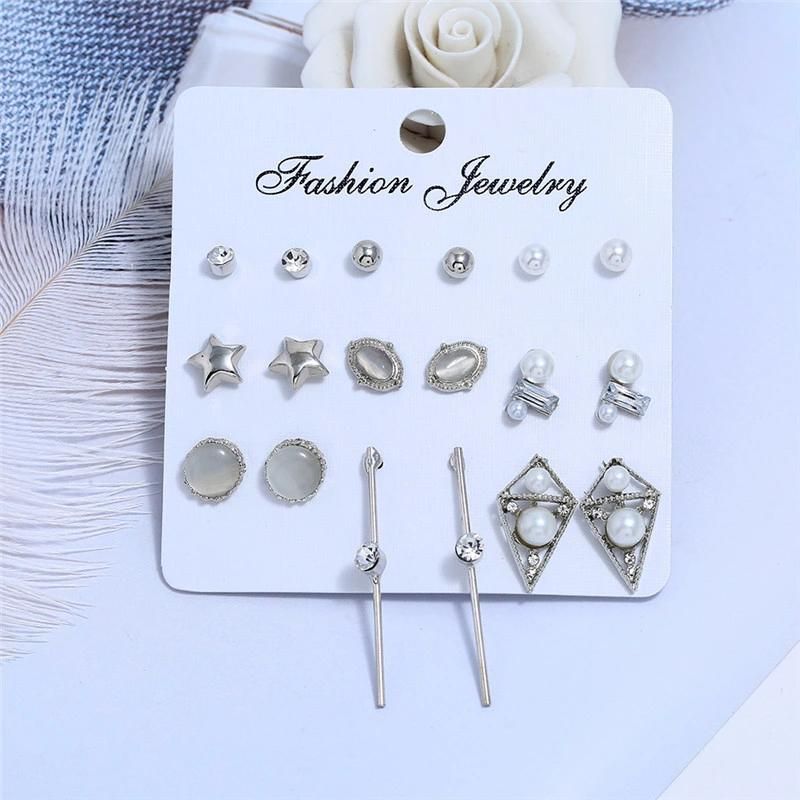 New Design Wholesale Price Trendy Multiple 9 Pairs Earrings with Star Round Crystal Oval Cateye Details Pearl Long Bar Stud Earrings