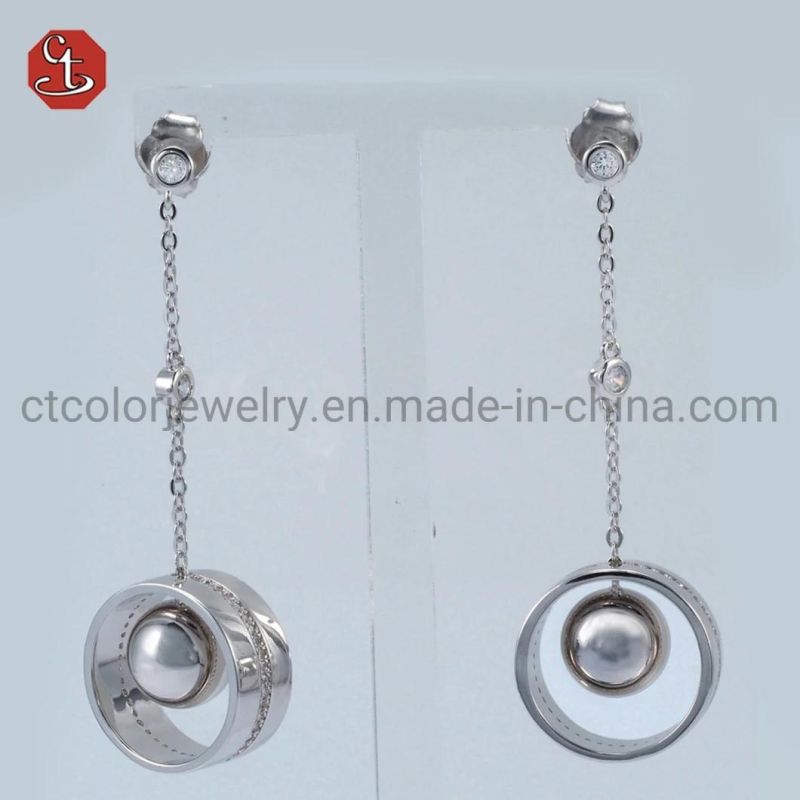 Small Bazel Stud long chain Many Round Circle Dangle Earring Silver Jewelry