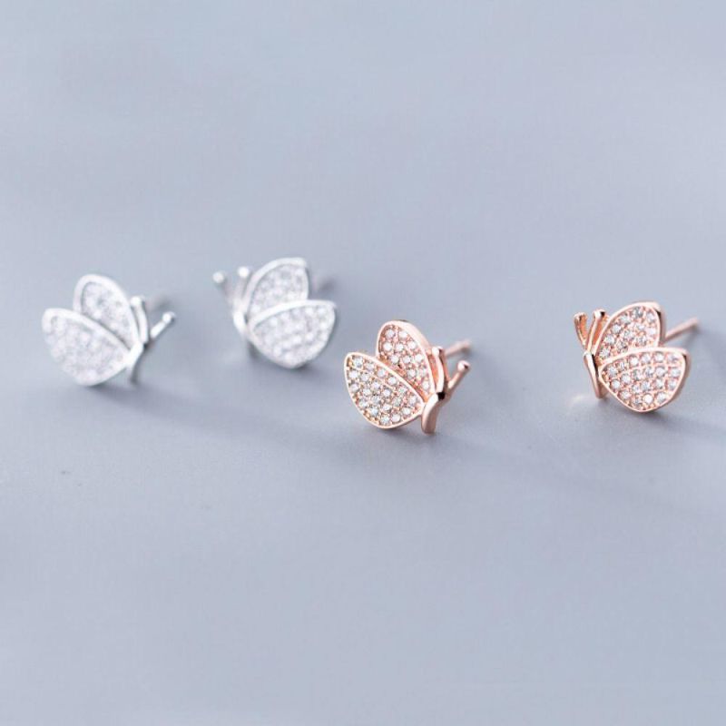 Real 925 Sterling Silver Earrings Cute Butterfly Zircon Animal Stud Earrings for Women Girls Sweet Jewelry Gift