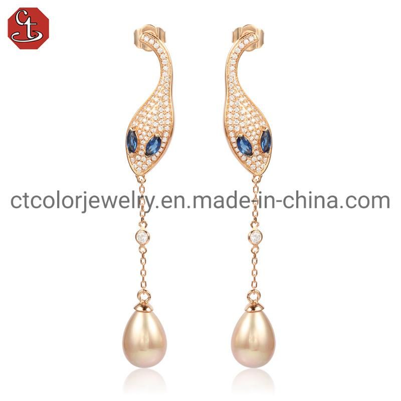 925 Sterling Silver or Brass Fine Jewelry Blue Crystal Pearl Earrings for Women