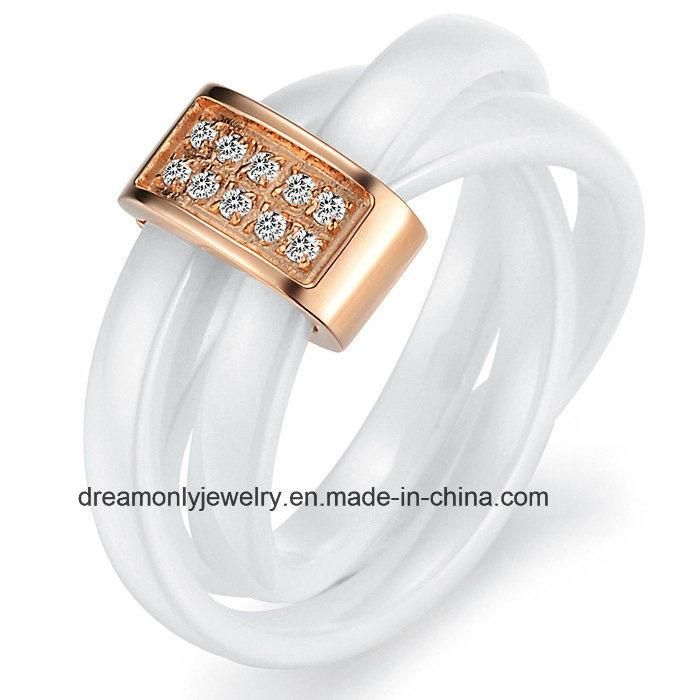 Rose Gold Plated Steel Ring Three Ceramic Rings Together with Stones