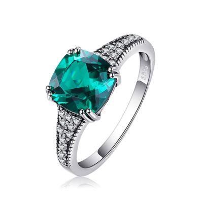 Vintage Cushion Nano Russian Simulated Created Emerald Ring 925 Sterling Silver Jewelry
