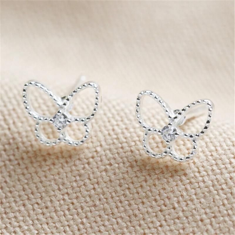Brass Mini Silver Sparkle Cut Heart Stud Earrings with Cubic Zircon Stones for Women Girls Lady Fashion Jewelry