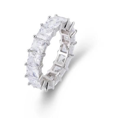 Hot Selling Full Diamond Square Zircon Baguette Ring 925 Sterling Silver Rings for Women